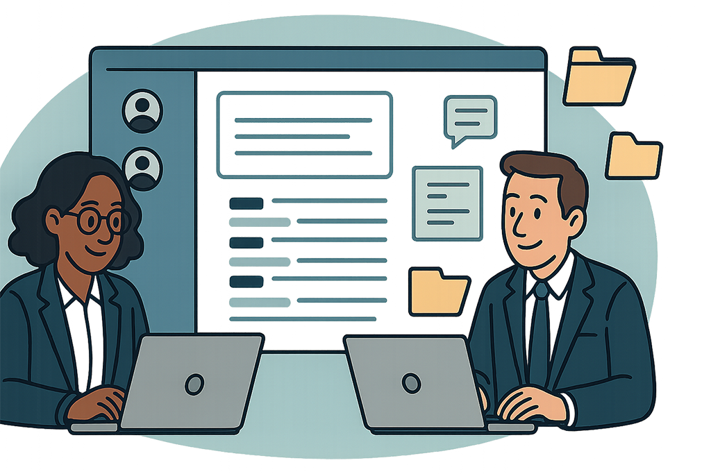 Juridisch team werkt samen via het Sonix-transcriptiedashboard Sonix-dashboard met transcriptiesamenwerking binnen een advocatenkantoor met meerdere advocaten