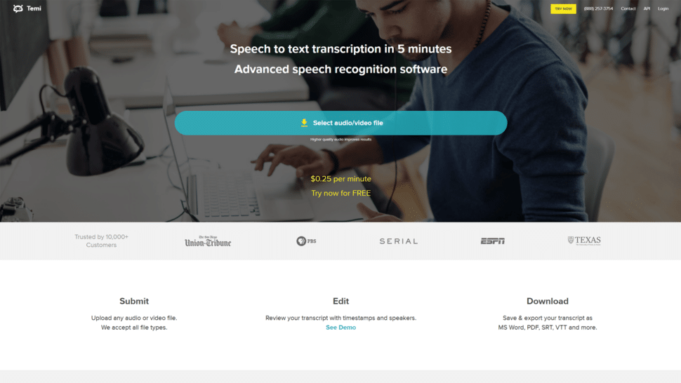Temi AI-powered transcription Software's home page